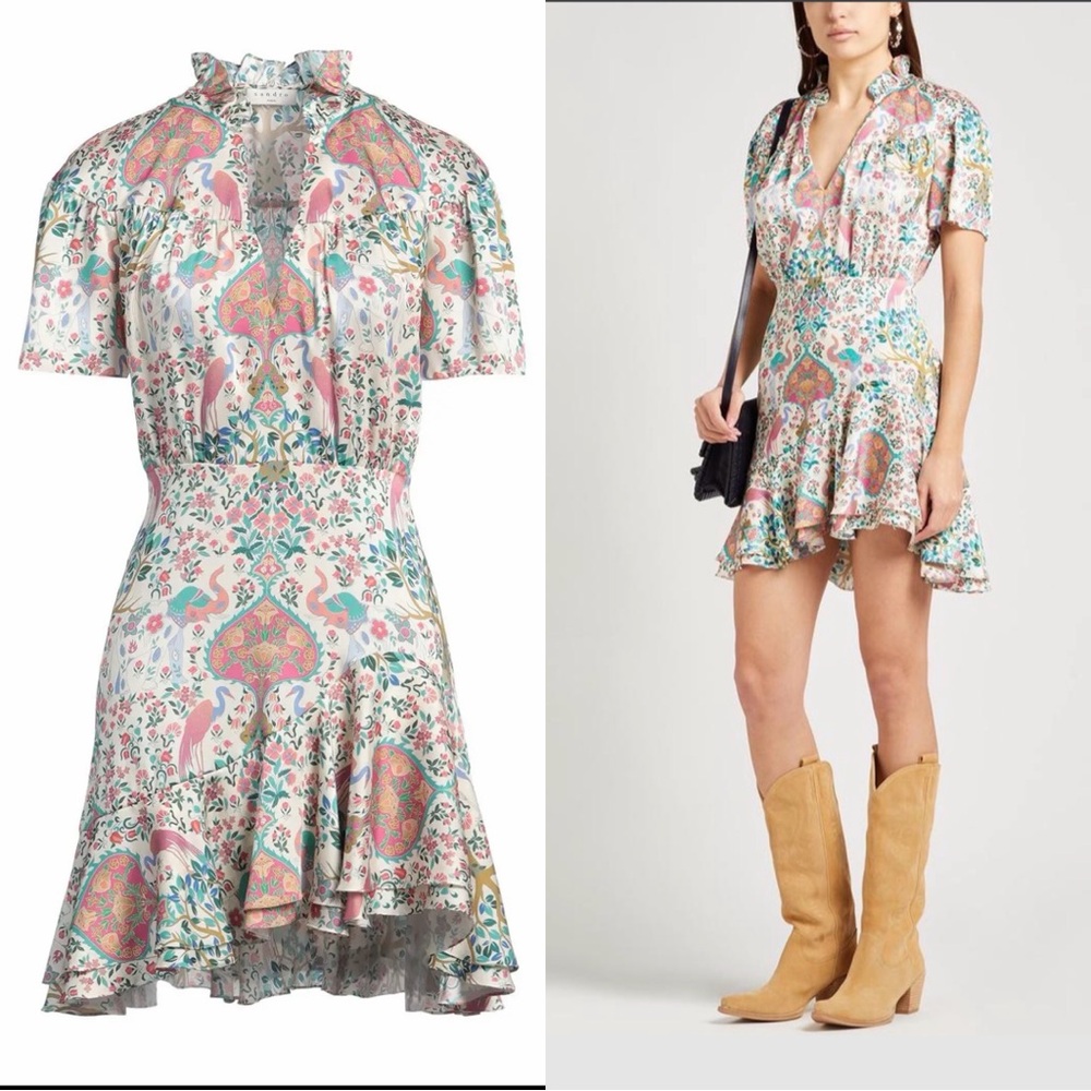 NEW Sandro Asymmetrical Satin Twill Pink/Cream Paisley Floral Mini Dress Sz 2